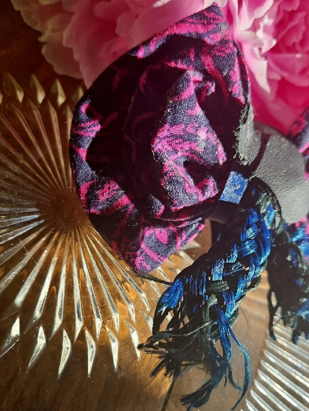 Hand Crafted Dog Collar Bow Tie Paisley Navy&Pink Black Leather Hearts NEW